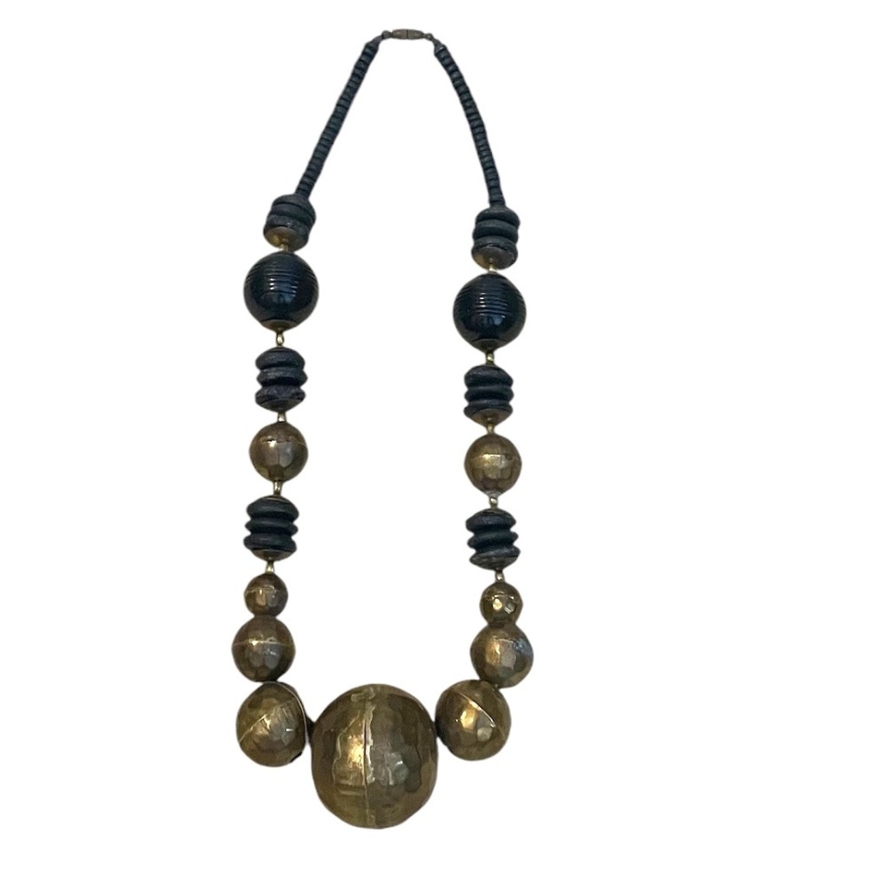 Handmade Two Tones Wood & Brass Chunky Black & Gold Bulky Beads Necklace